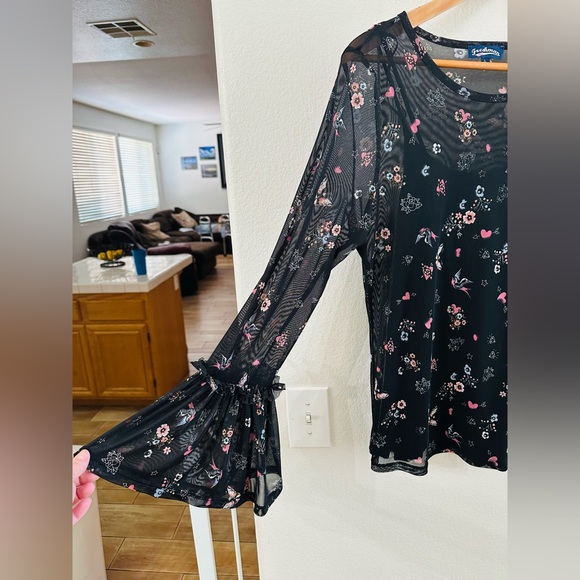 Freshman 1996 Black with Floral Print Sheer 90s Y2K Long Sleeve Blouse Large - Picture 7 of 11